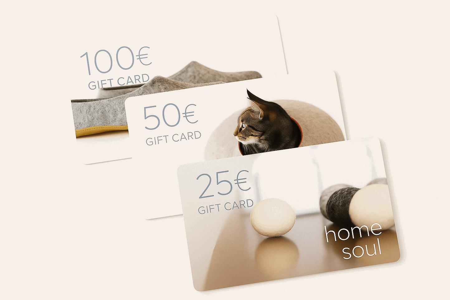 Home Soul gift cards in 25€, 50€, and 100€ denominations featuring handmade wool products - cat toys, pet cave, and slippers